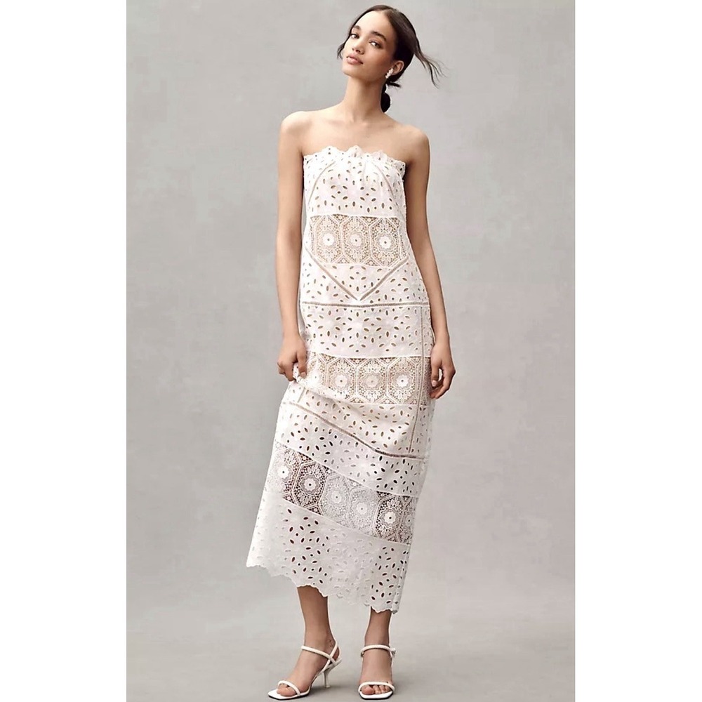 Anthropologie BHLDN Strapless Eyelet Lace Column Maxi Dress Ivory M NWT